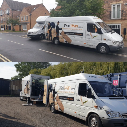 Uniformed removals crew packing household furniture inside a secure self storage unit in Dunnington York