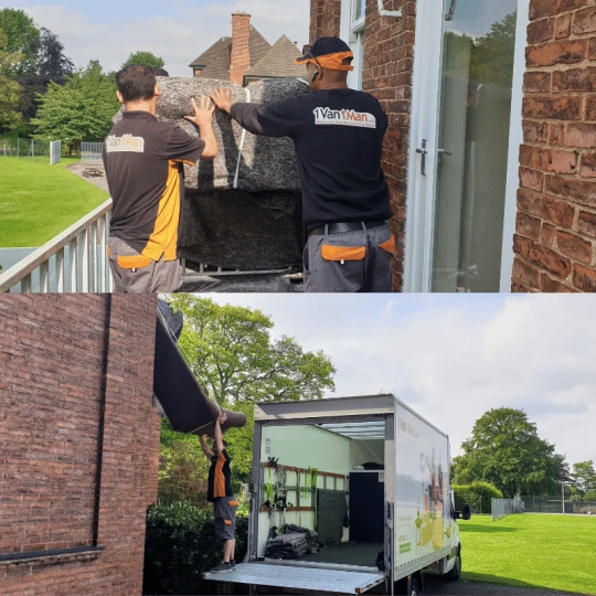 Professional movers lifting large furniture securely over a first floor balcony for a house move in York